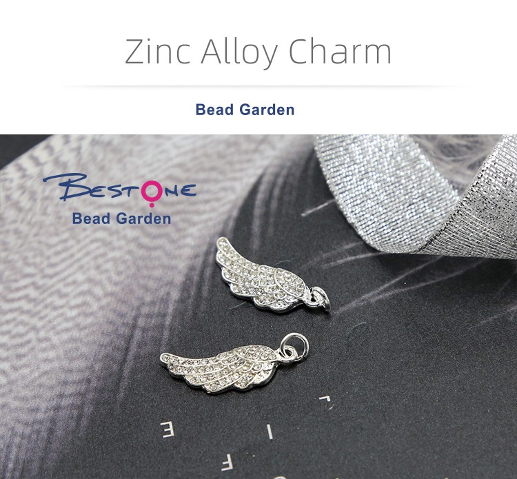 Wing w/Rhinestones Silver Plated Charm