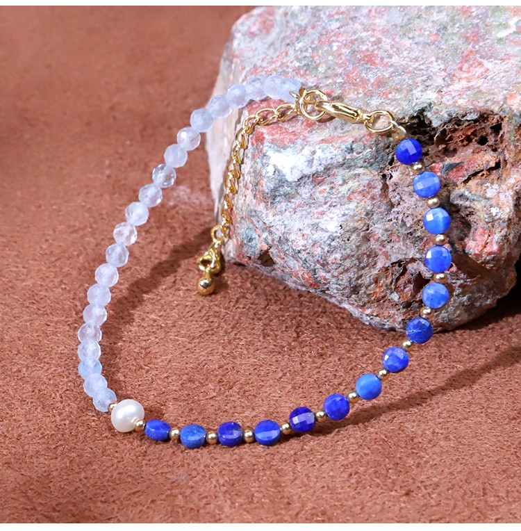 Bracelet - Pearl -4*5mm  Lapis Lazio -3*4mm  Aquamarine - faceted bead -4mm  copper bead - Round bead -2mm-18 5.5cm