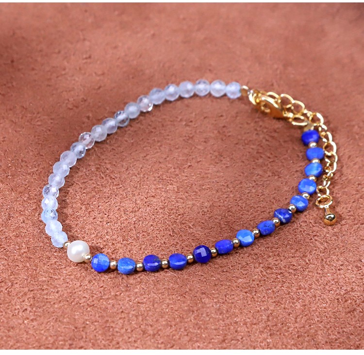 Bracelet - Pearl -4*5mm  Lapis Lazio -3*4mm  Aquamarine - faceted bead -4mm  copper bead - Round bead -2mm-18 5.5cm