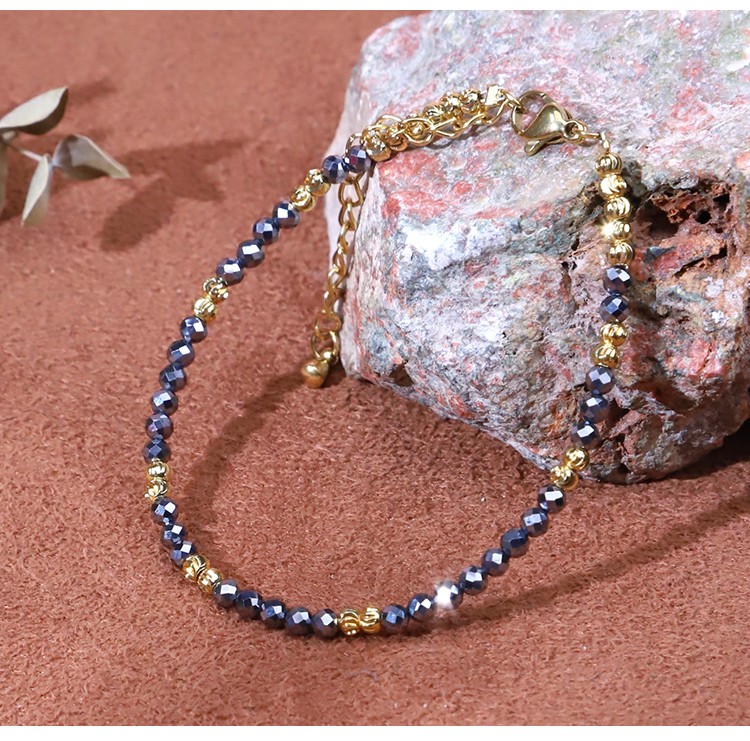 Bracelet - Hemitite - faceted beads - Silver -3mm  copper plated gold flower beads -3mm-18 6cm