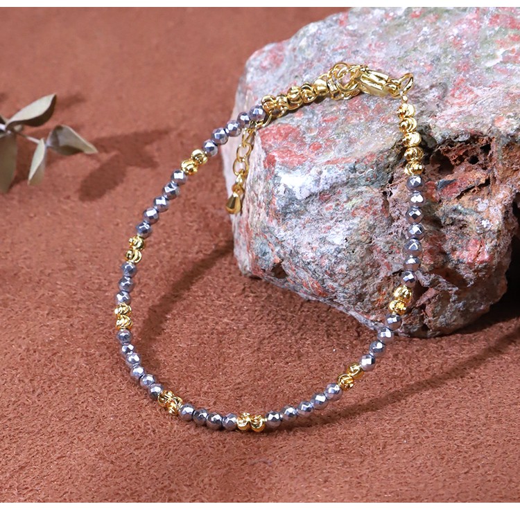 Bracelet - Hemitite - faceted beads - Silver -3mm  copper plated gold flower beads -3mm-18 6cm