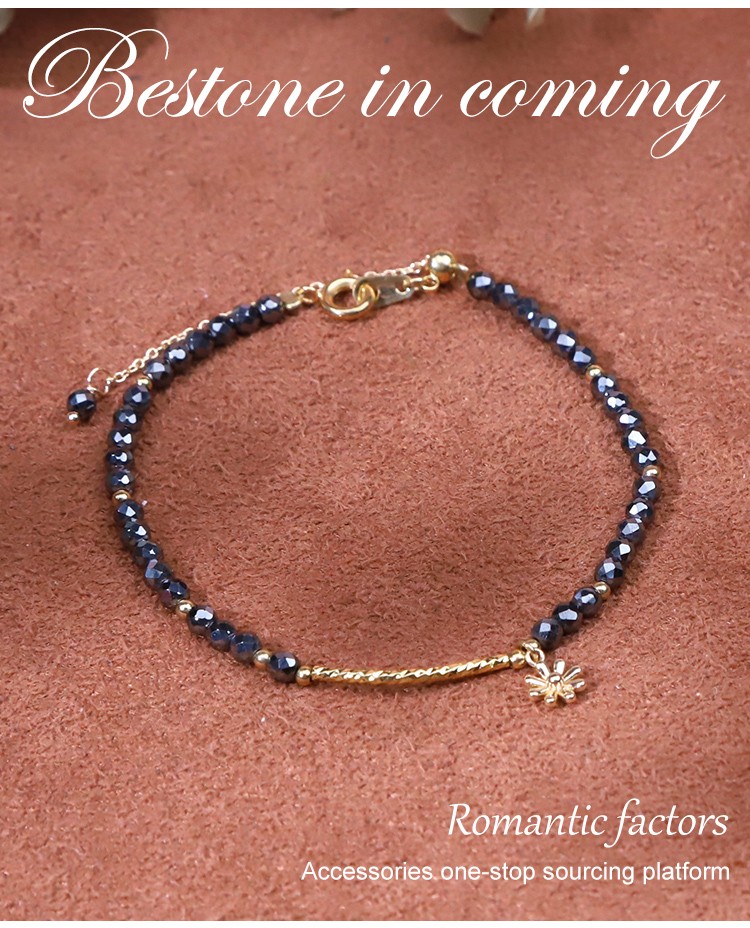 Bracelet - Hemitite - faceted bead - Gun black -3mm  copper plated gold bend -2*20mm  Small flower hanging -18 4cm