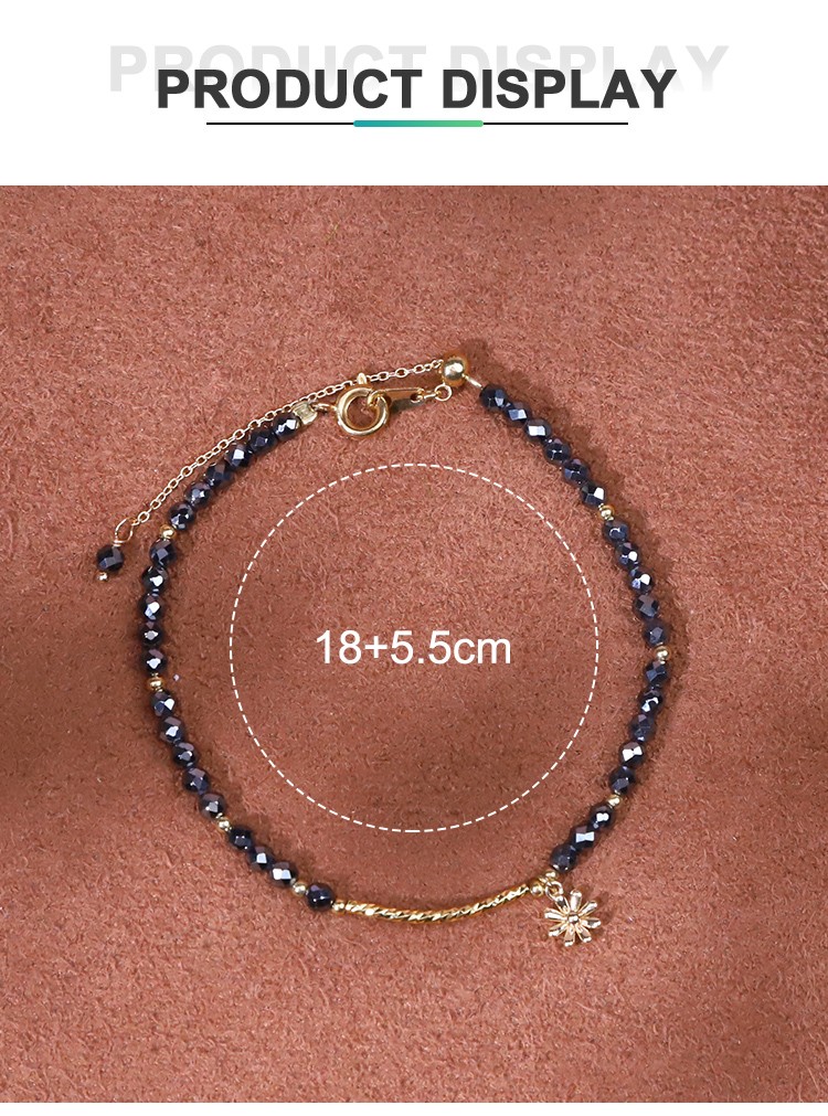 Bracelet - Hemitite - faceted bead - Gun black -3mm  copper plated gold bend -2*20mm  Small flower hanging -18 4cm