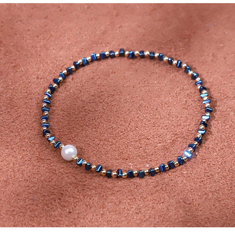 Bracelet - Pearl -5mm  copper bead -2mm  Hemitite - triangle - blue -2*3mm- elastic rope