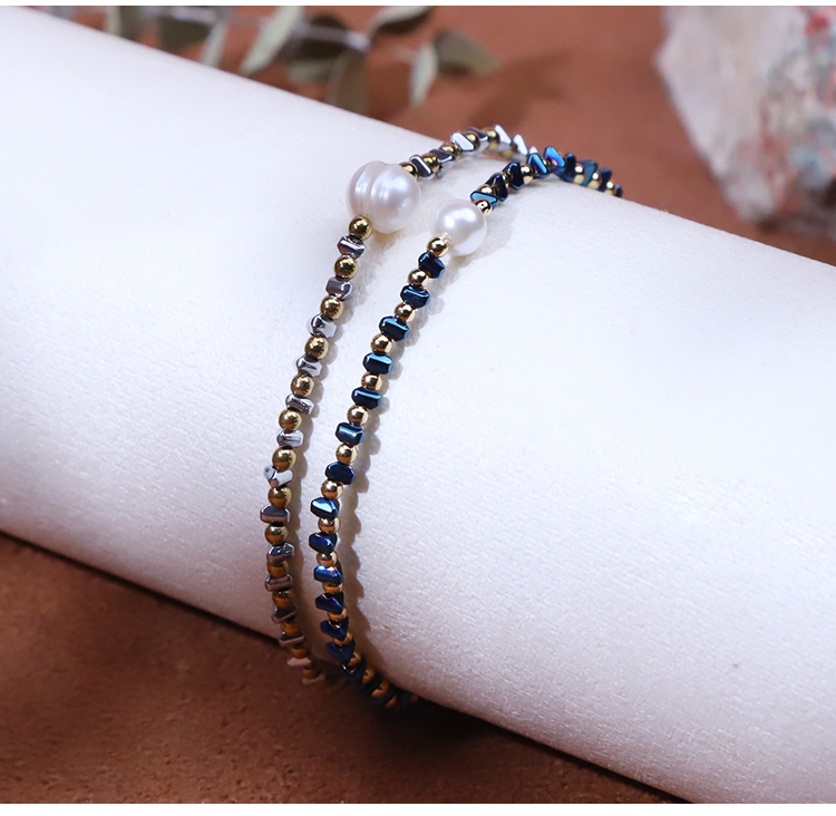 Bracelet - Pearl -5mm  copper bead -2mm  Hemitite - triangle - blue -2*3mm- elastic rope