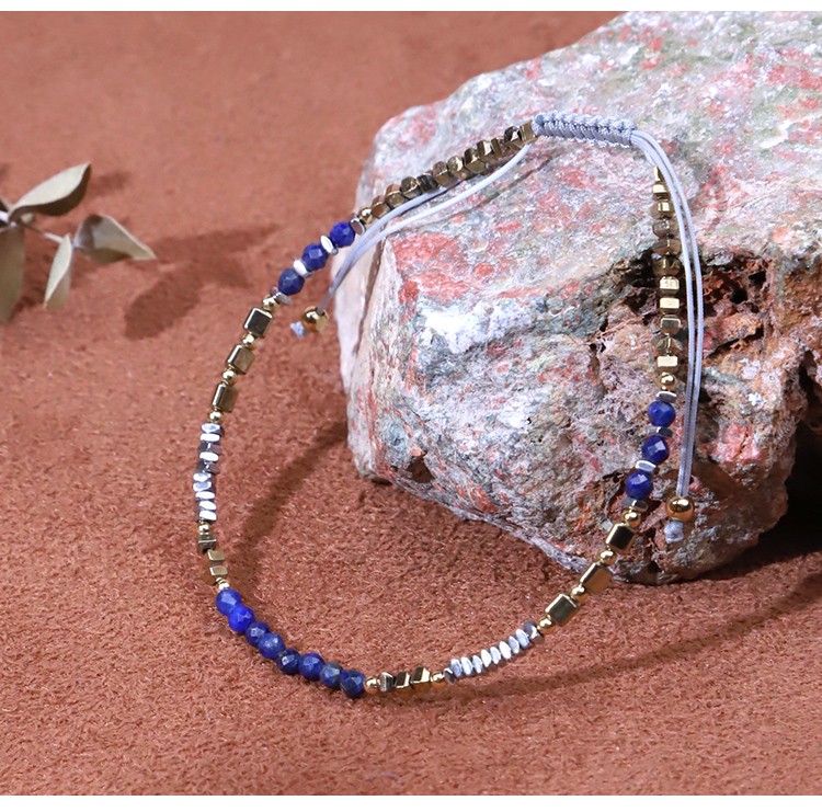 Bracelet - Lapis Lazio - faceted bead -3mm  Hemitite - square - Gold -2*3mm  Hemitite - square - Silver -2*1mm  Hemitite - Triangle bead -3*3mm- Drawstring