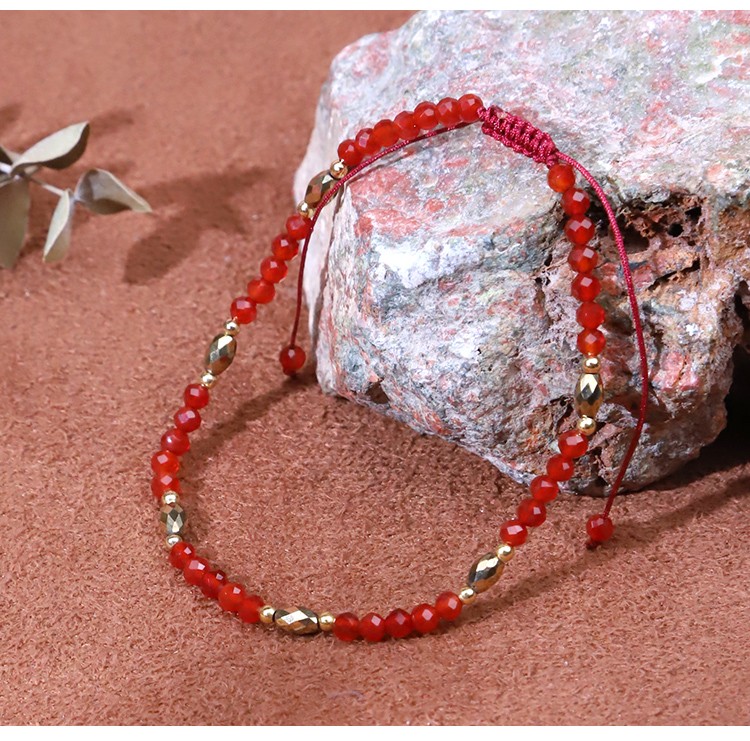 Bracelet - Red agate - faceted bead -3mm  bead - faceted -3*5mm  copper bead -2mm- drawstring