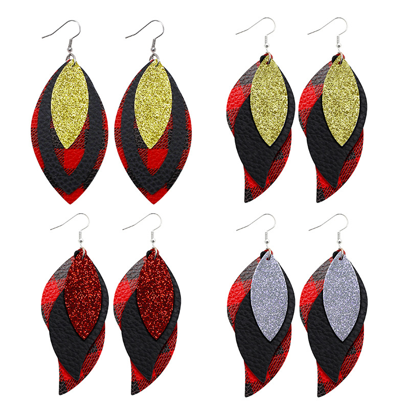 Bestone Hot Colorful Mardi Gras Carnival Leaf Shape Leather Dangle Earrings Layered Shining Mardi Gras Theme Teardrop Earrings