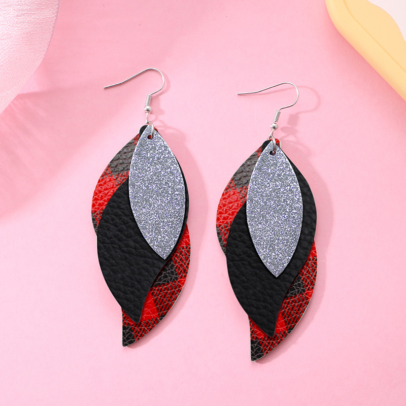 Bestone Hot Colorful Mardi Gras Carnival Leaf Shape Leather Dangle Earrings Layered Shining Mardi Gras Theme Teardrop Earrings