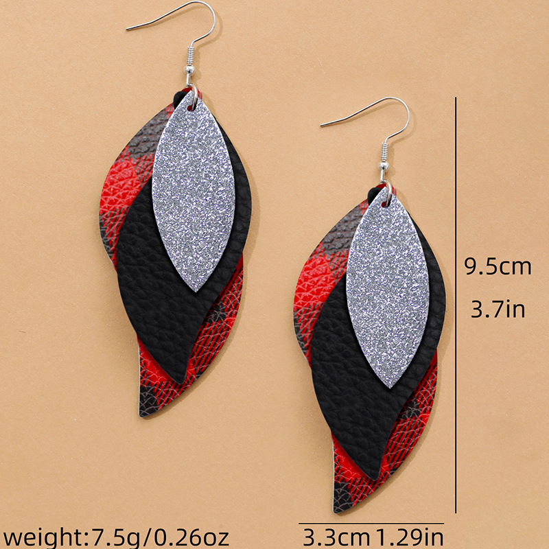 Bestone Hot Colorful Mardi Gras Carnival Leaf Shape Leather Dangle Earrings Layered Shining Mardi Gras Theme Teardrop Earrings