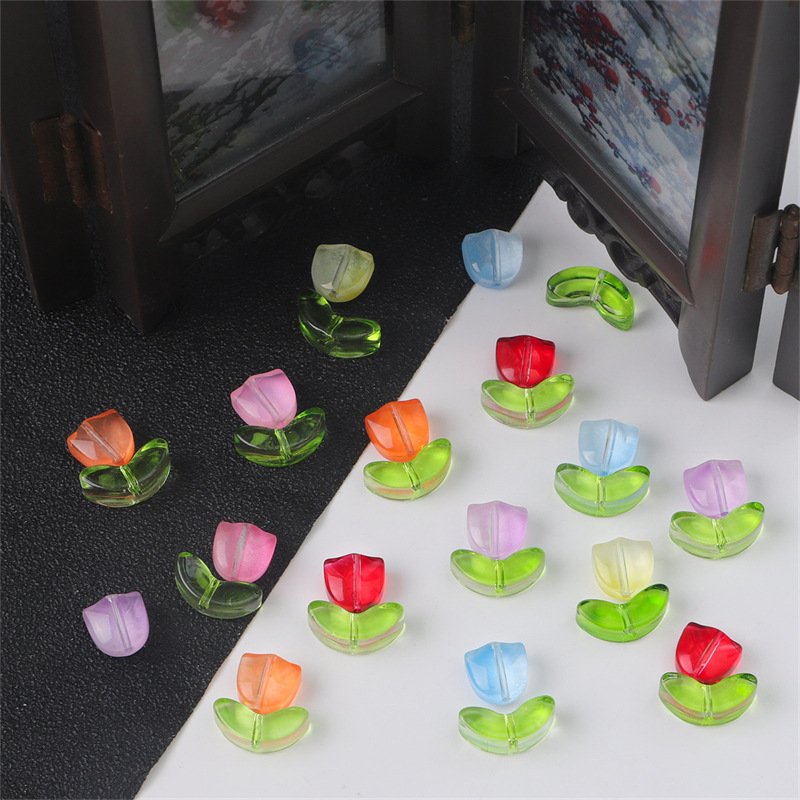 Glass Bead Set - Pink Tulip Flower with Green Leaf - 9x5x5.5mm Flower   14x7x5mm Leaf - 0.8mm Hole - 10 Sets Per Pack