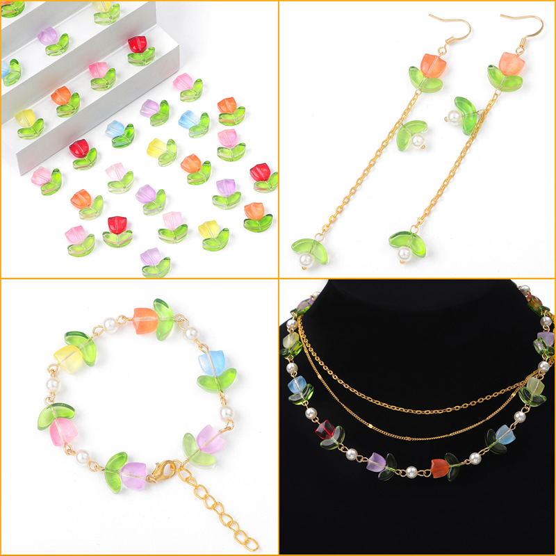 Glass Bead Set - Pink Tulip Flower with Green Leaf - 9x5x5.5mm Flower   14x7x5mm Leaf - 0.8mm Hole - 10 Sets Per Pack