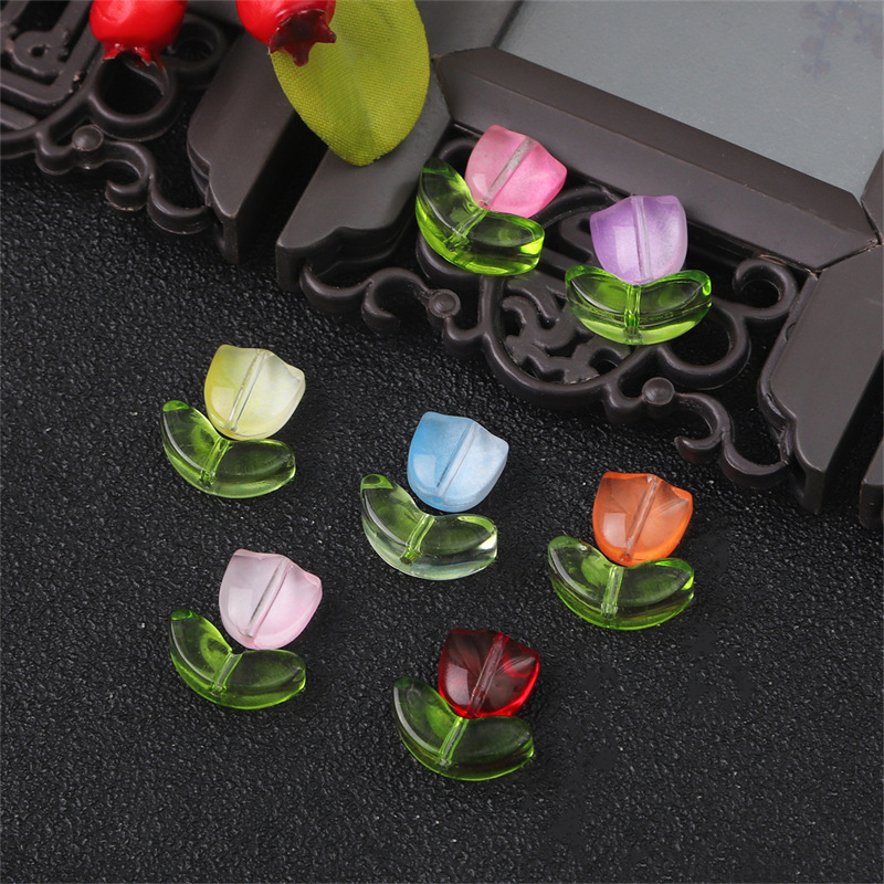 Glass Bead Set - Pink Tulip Flower with Green Leaf - 9x5x5.5mm Flower   14x7x5mm Leaf - 0.8mm Hole - 10 Sets Per Pack