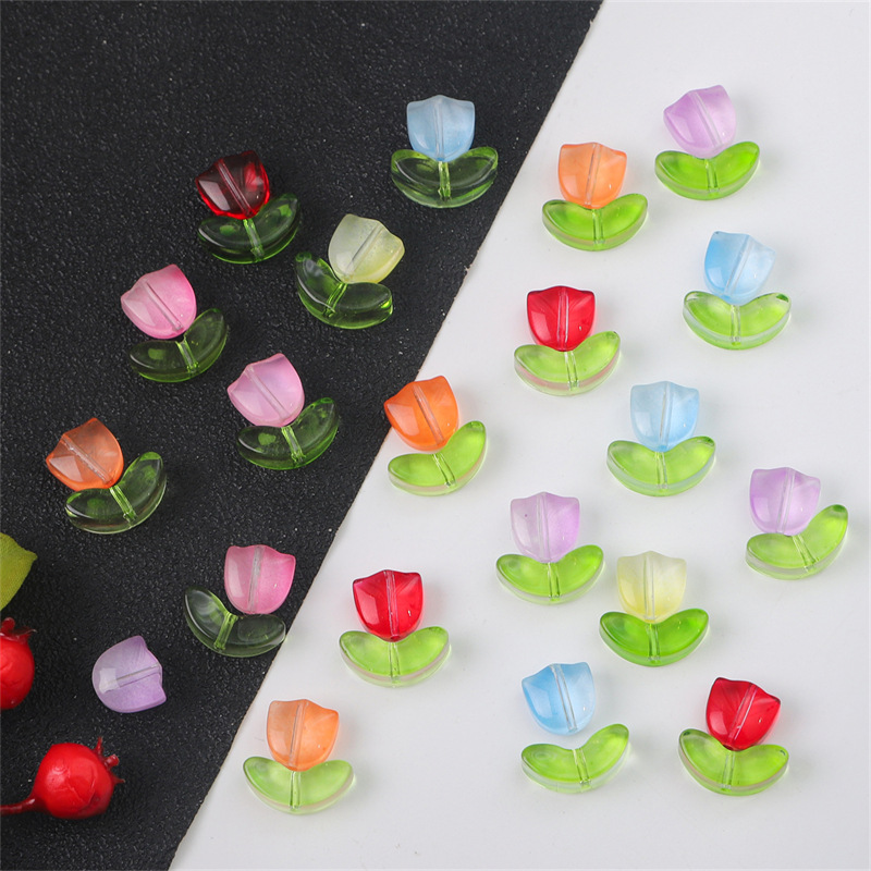 Glass Bead Set - Pink Tulip Flower with Green Leaf - 9x5x5.5mm Flower   14x7x5mm Leaf - 0.8mm Hole - 10 Sets Per Pack