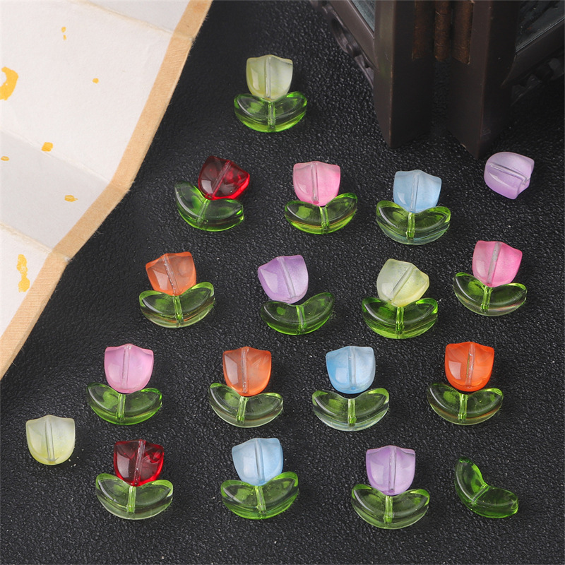 Glass Bead Set - Pink Tulip Flower with Green Leaf - 9x5x5.5mm Flower   14x7x5mm Leaf - 0.8mm Hole - 10 Sets Per Pack