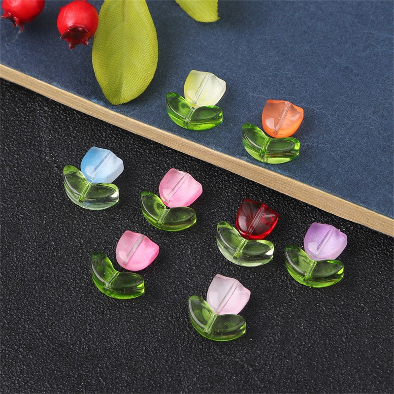 Glass Bead Set - Pink Tulip Flower with Green Leaf - 9x5x5.5mm Flower   14x7x5mm Leaf - 0.8mm Hole - 10 Sets Per Pack