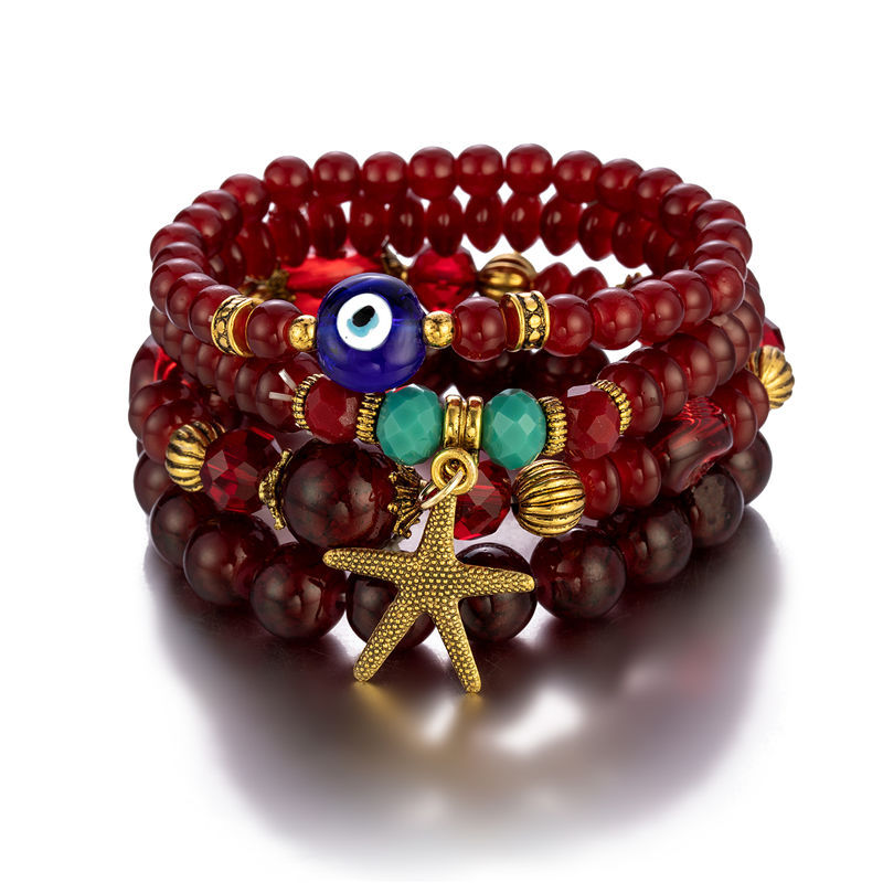 Bohemian Chic Mixed with Metal Starfish and Evil Eye Accessories Bracelet