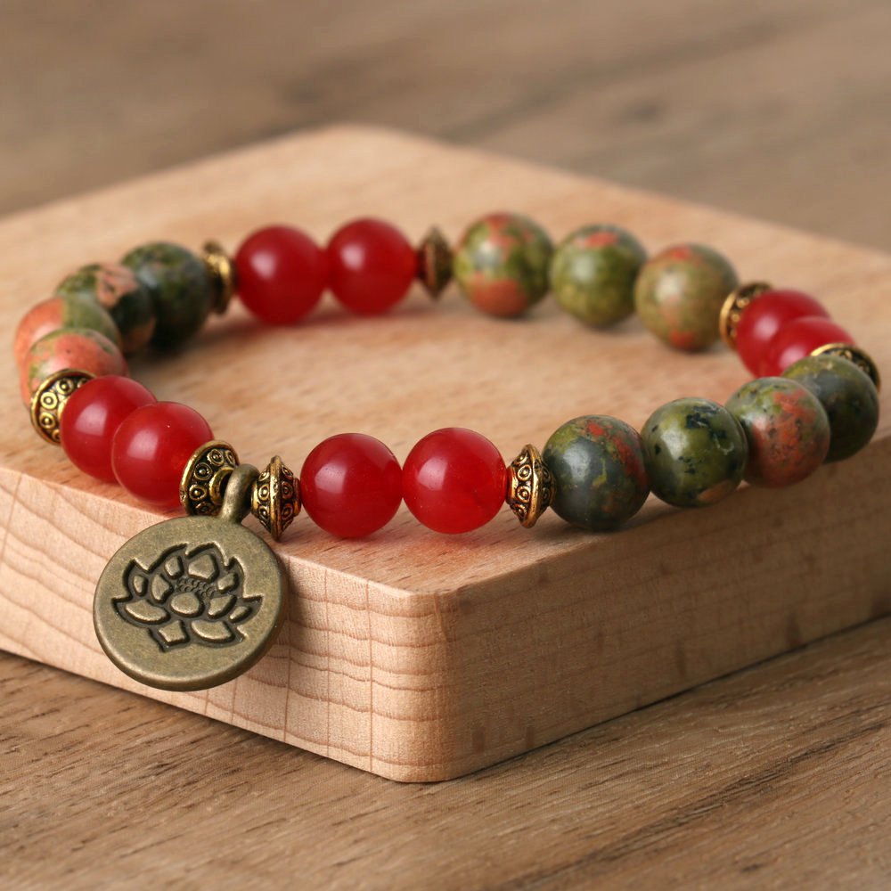 Natural Stone Bead Bracelet with Lotus Pendant for Yoga and Meditation