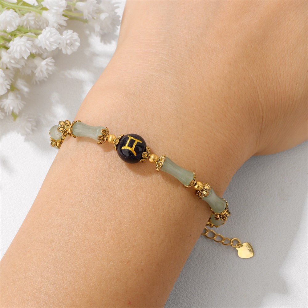 New Chinese Style Bamboo Segment Jade Bracelet for Women niche Luxury Vintage Zodiac Bracelet with Stainless Steel Tail Chain