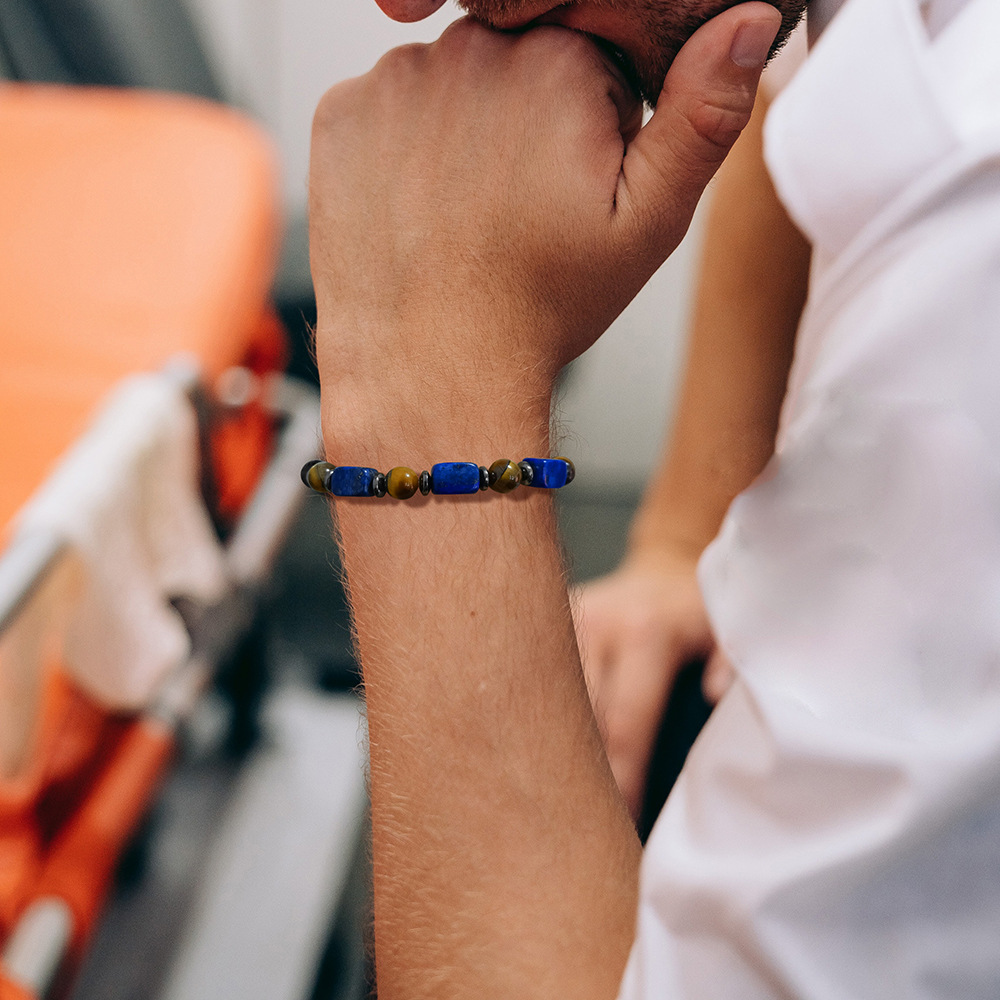 Hot Sale Natural Stone Raw Bead Bracelet Square Lapis Lazuli Tiger Eye Stone Men's Elastic Bracelet