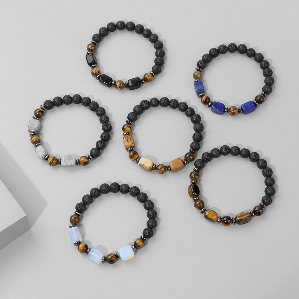 Hot Sale Natural Stone Raw Bead Bracelet Square Lapis Lazuli Tiger Eye Stone Men's Elastic Bracelet