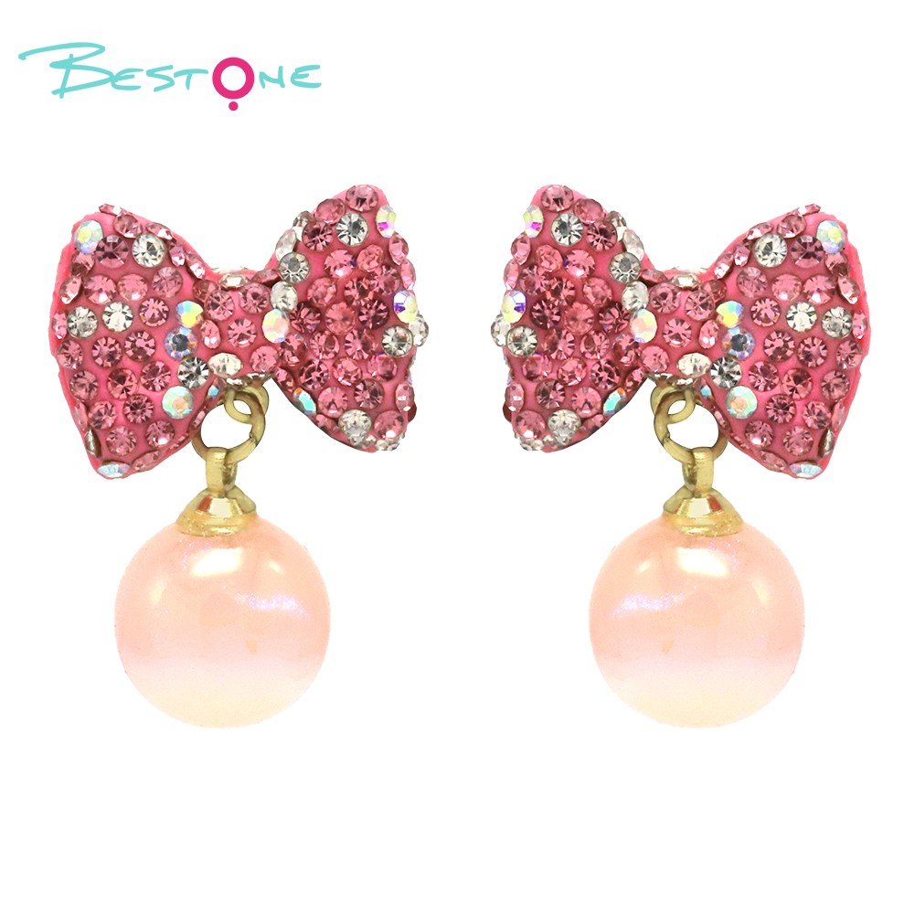 Bling Beads Earring Bow Glass beads-Pink Color