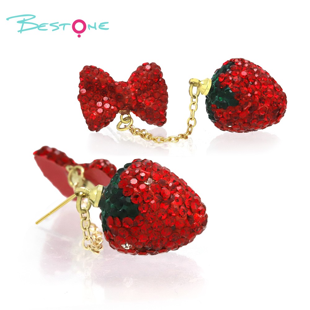 Bow Strawberry Bling Earrings Strawberry Red Gold plated