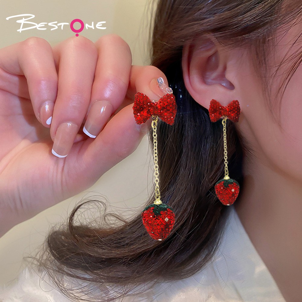 Bow Strawberry Bling Earrings Strawberry Red Gold plated