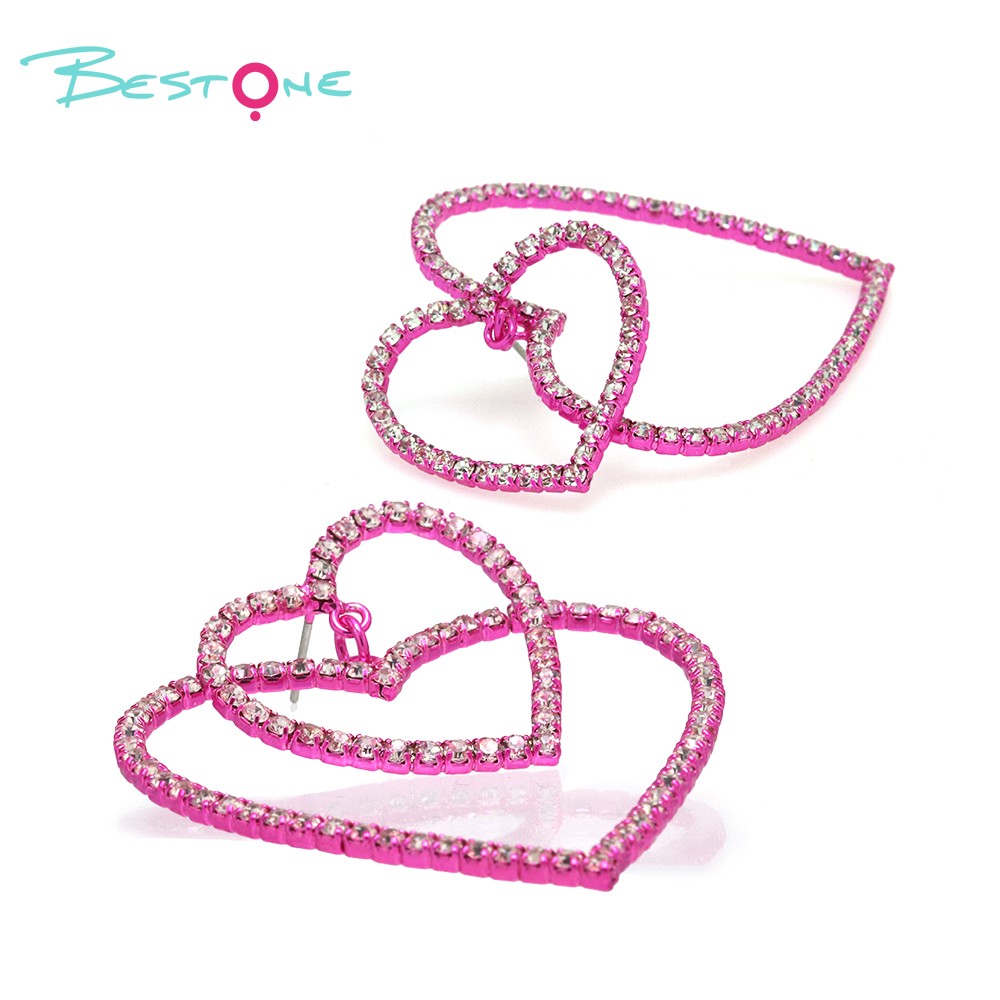 Earring Heart Fushia with Rhinestones 45x50mm