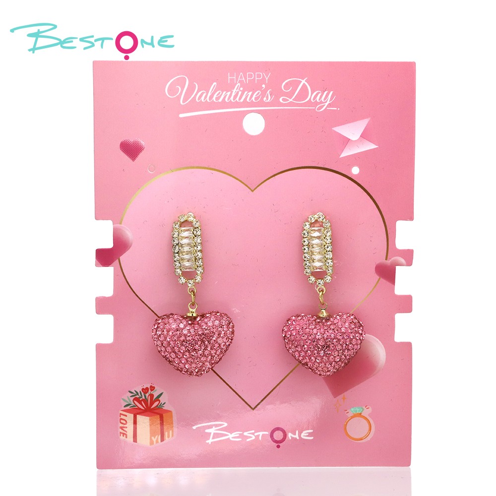 Crystal  Rhinestones Bling Earring Heart Pink Gold Plated