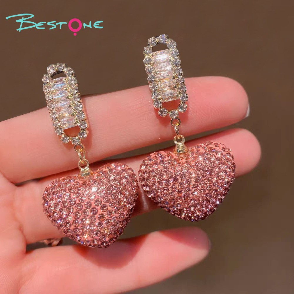 Crystal  Rhinestones Bling Earring Heart Pink Gold Plated