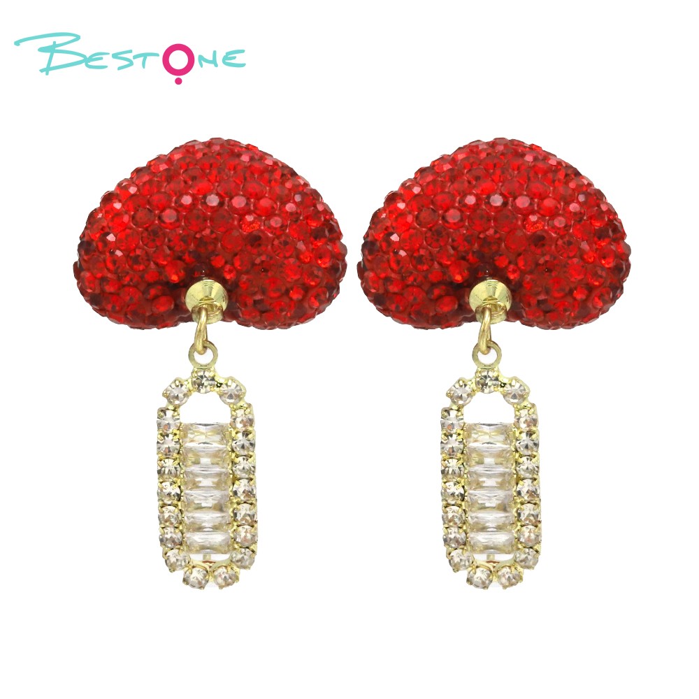 Crystal  Rhinstones Bling Earring Red Heart Gold Plated