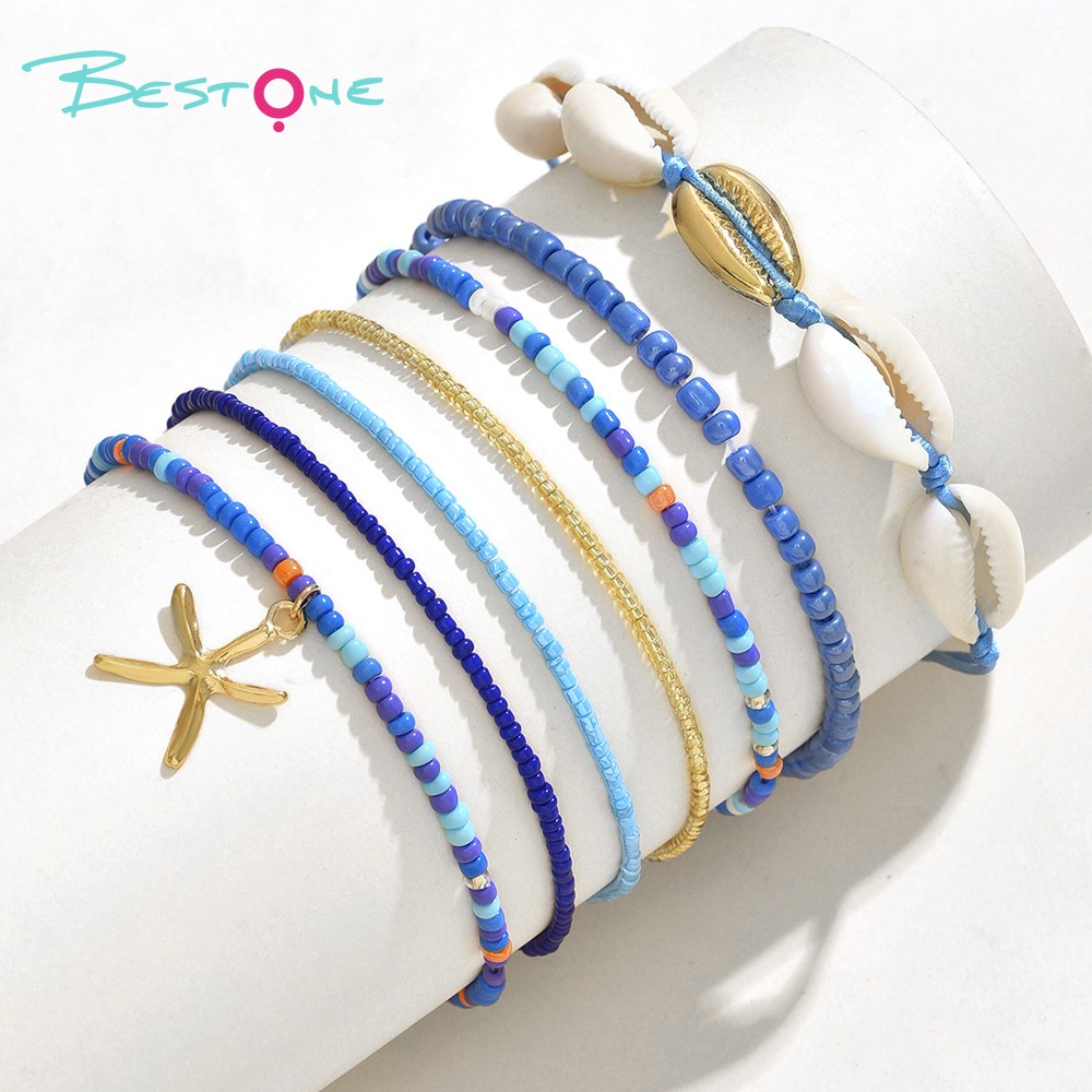 Pendant Bracelet Set with Shell and Starfish Charms - Blue