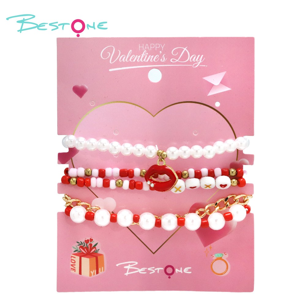 5-Piece Bracelet Set with Imitation Pearls, Seed Beads, and Alloy - Red