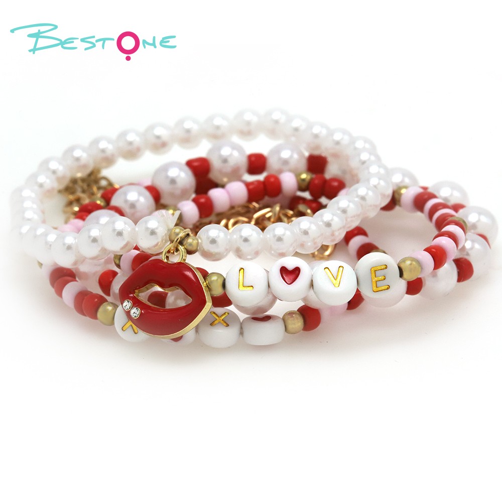 5-Piece Bracelet Set with Imitation Pearls, Seed Beads, and Alloy - Red