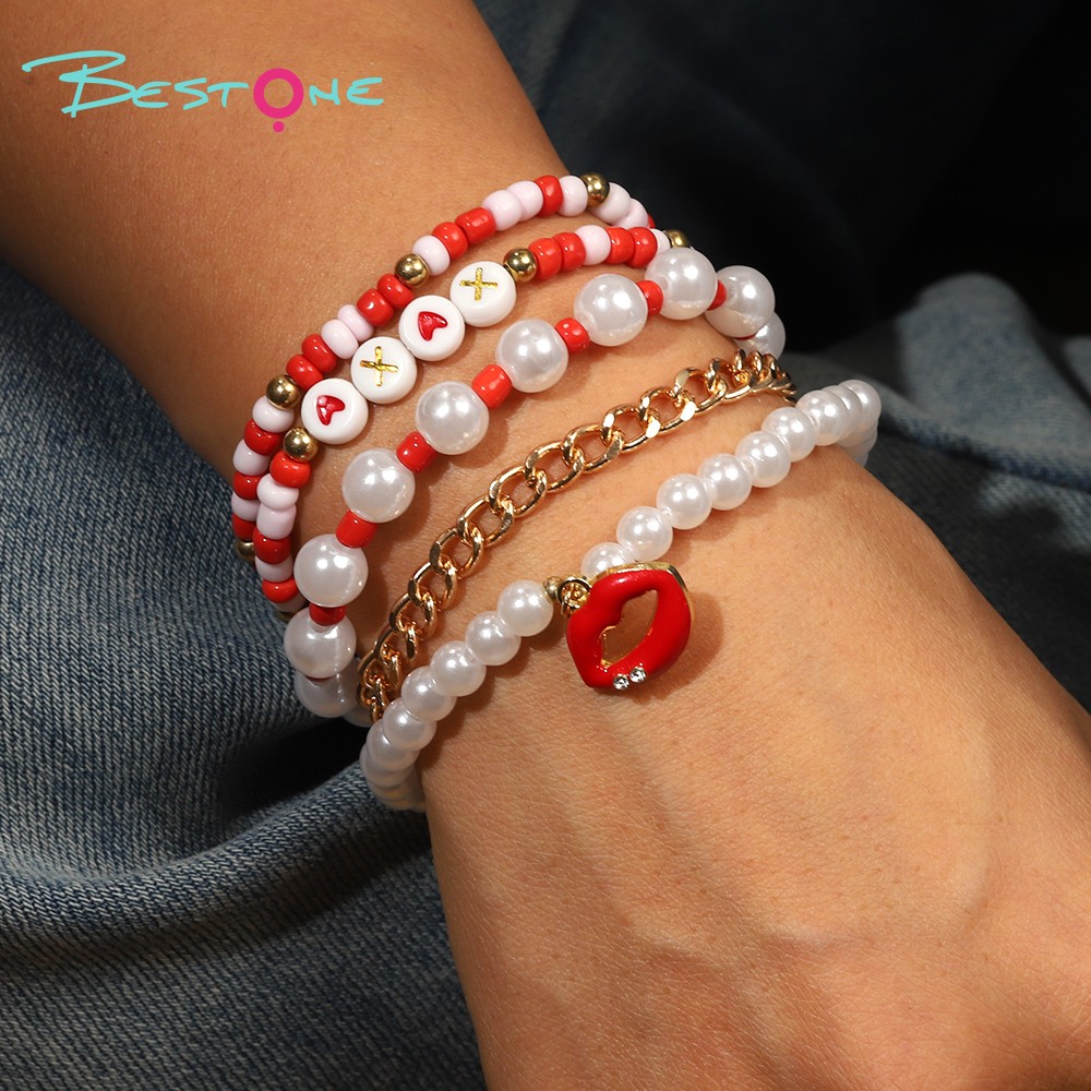 5-Piece Bracelet Set with Imitation Pearls, Seed Beads, and Alloy - Red