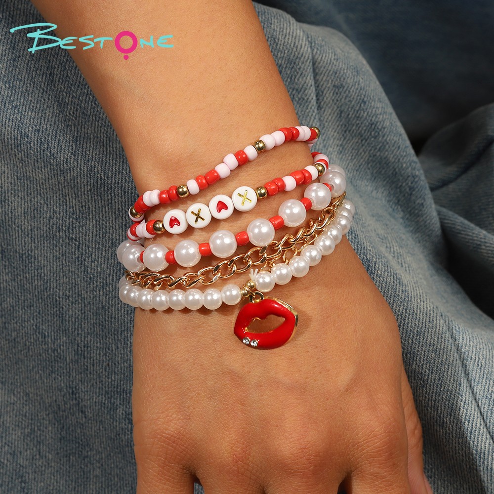 5-Piece Bracelet Set with Imitation Pearls, Seed Beads, and Alloy - Red