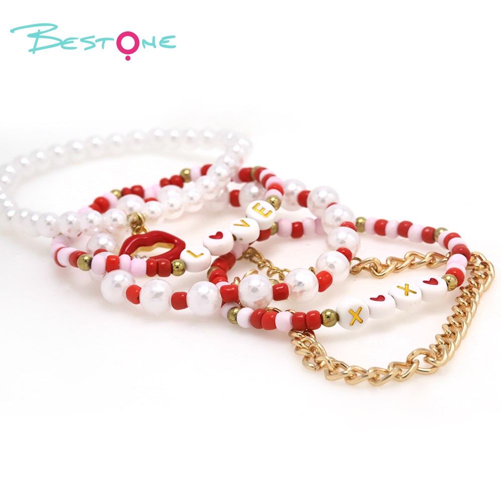 5-Piece Bracelet Set with Imitation Pearls, Seed Beads, and Alloy - Red