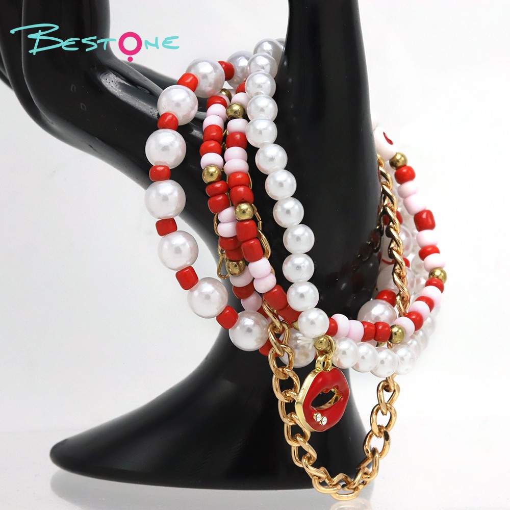 5-Piece Bracelet Set with Imitation Pearls, Seed Beads, and Alloy - Red