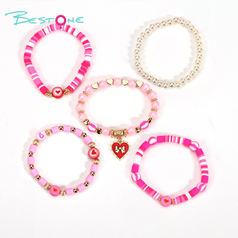 Multilayer Beaded Bracelet with Alloy, Acrylic, Soft Clay, Imitation Pearl, and Heart Bow Charms - Pink