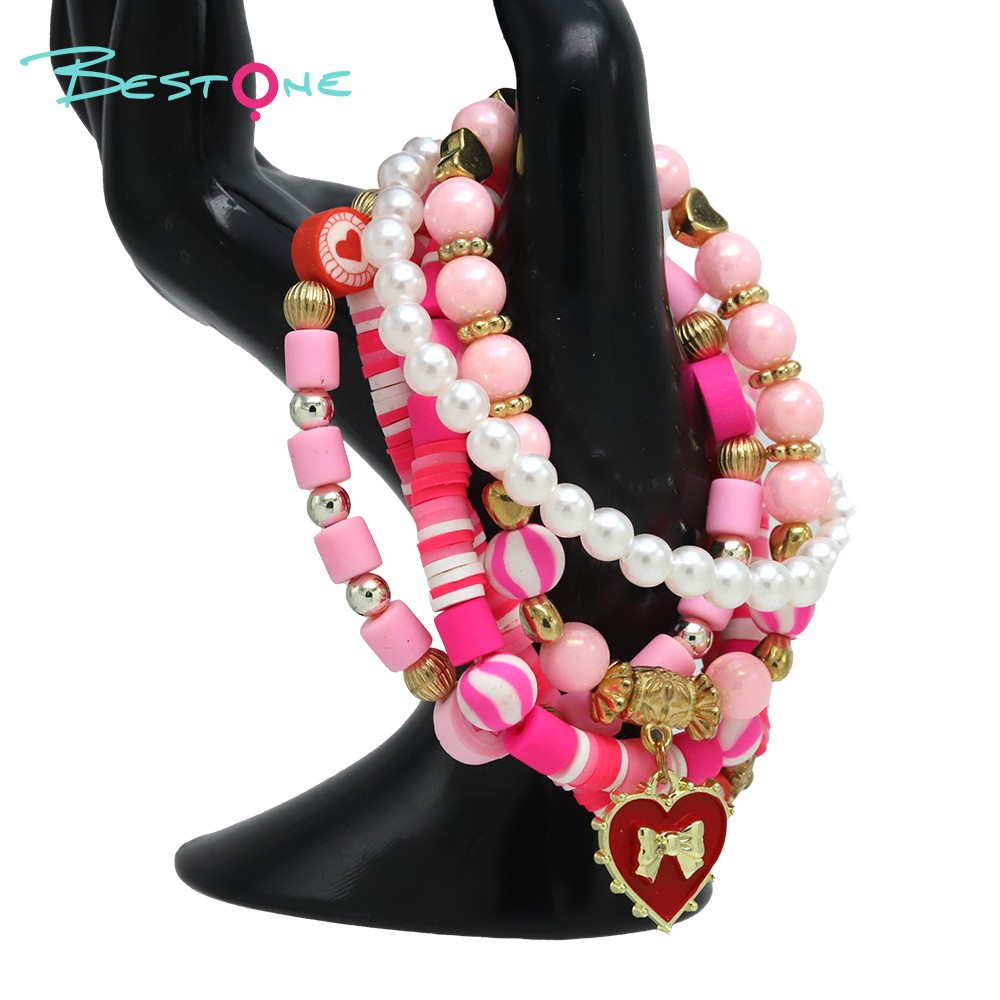 Multilayer Beaded Bracelet with Alloy, Acrylic, Soft Clay, Imitation Pearl, and Heart Bow Charms - Pink