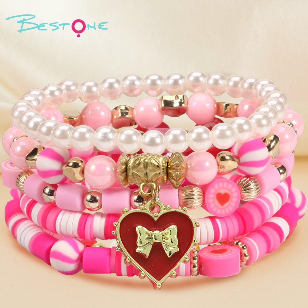 Multilayer Beaded Bracelet with Alloy, Acrylic, Soft Clay, Imitation Pearl, and Heart Bow Charms - Pink