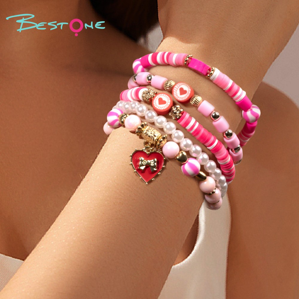 Multilayer Beaded Bracelet with Alloy, Acrylic, Soft Clay, Imitation Pearl, and Heart Bow Charms - Pink