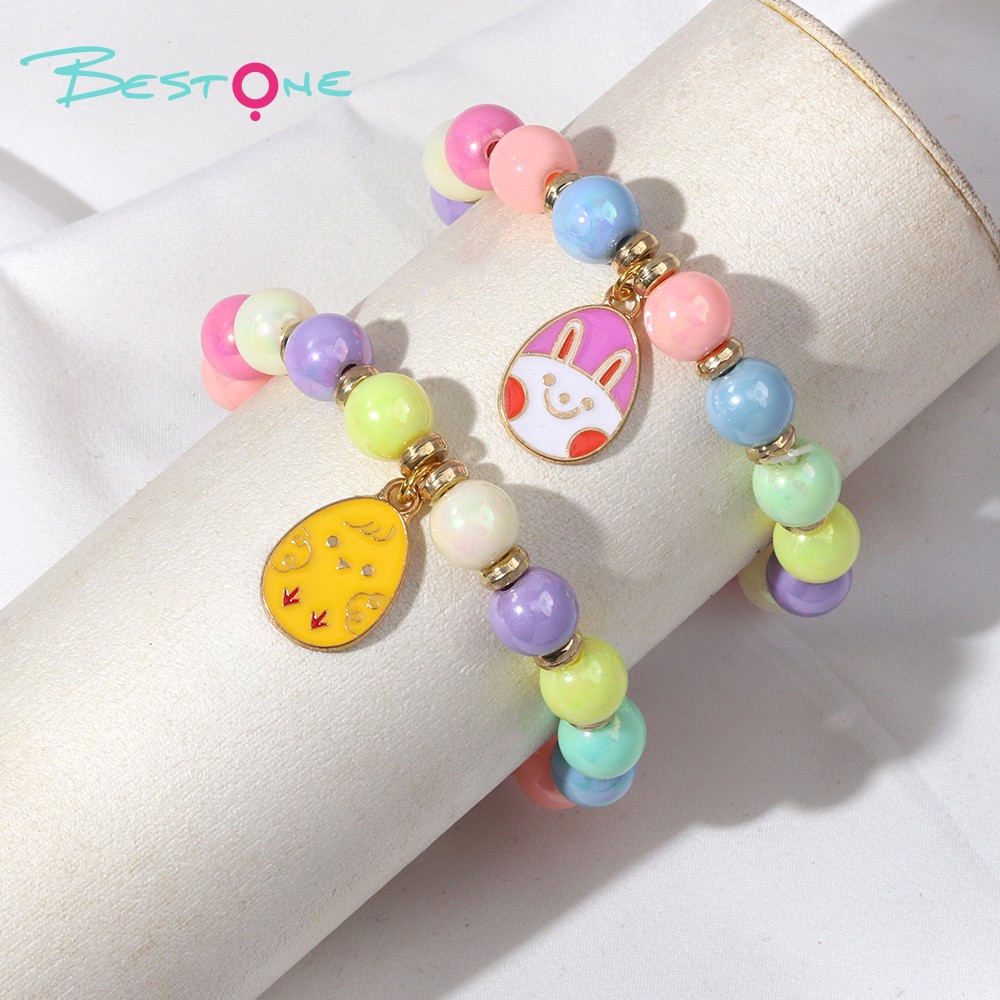 Colorful Woven Beaded Bracelet with Acrylic Beads, Plastic Gold Rings, and Oval Alloy Egg Pendant