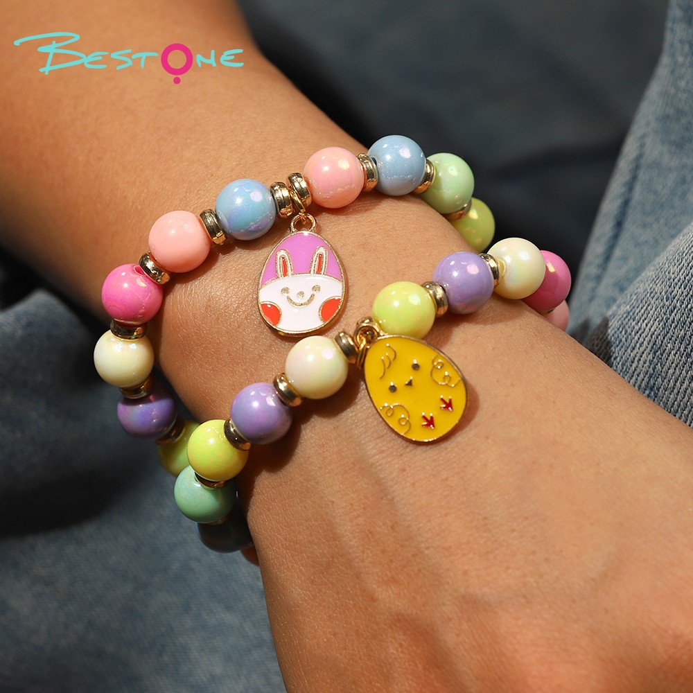 Colorful Woven Beaded Bracelet with Acrylic Beads, Plastic Gold Rings, and Oval Alloy Egg Pendant