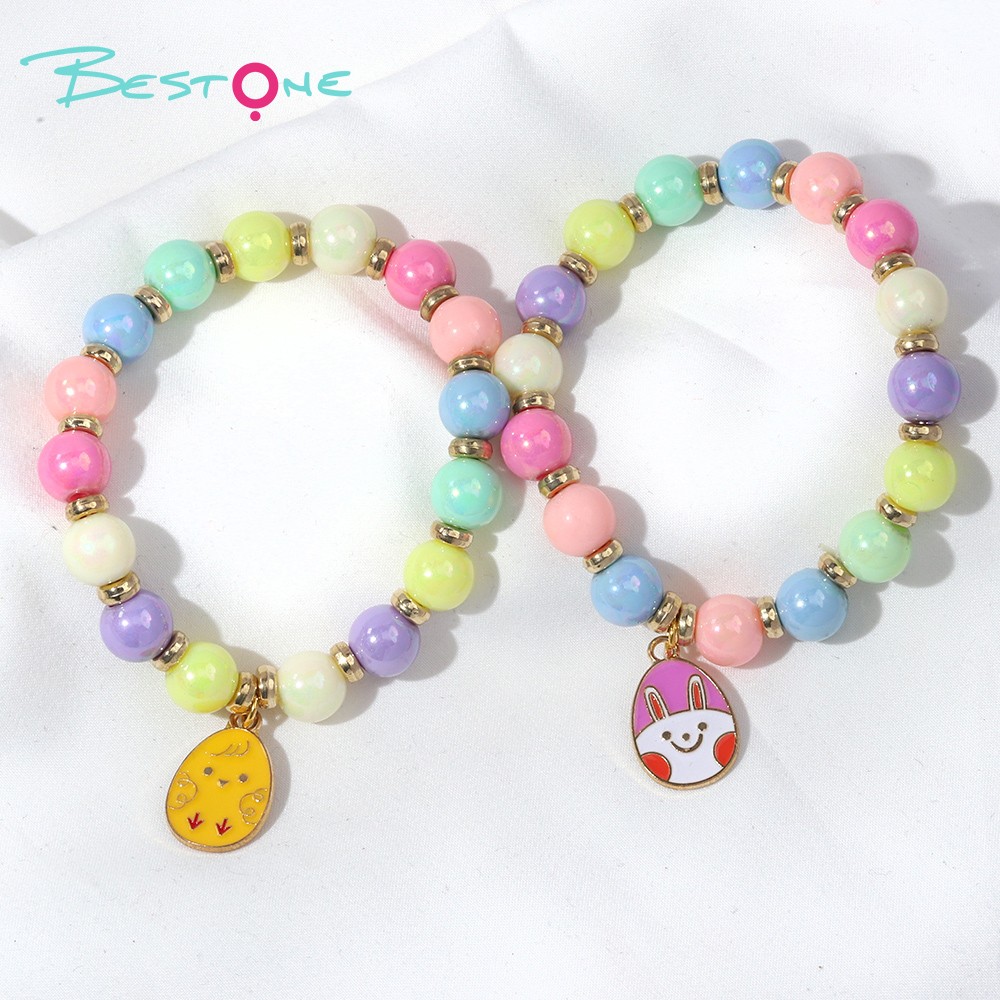 Colorful Woven Beaded Bracelet with Acrylic Beads, Plastic Gold Rings, and Oval Alloy Egg Pendant