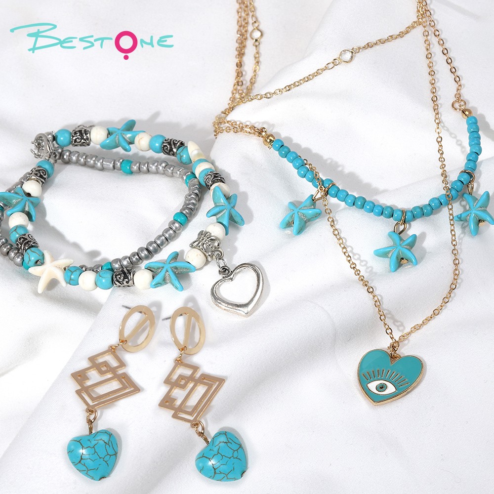 Beach Wind Love Style Necklace with Turquoise and White Beads, Starfish, and Heart Charm