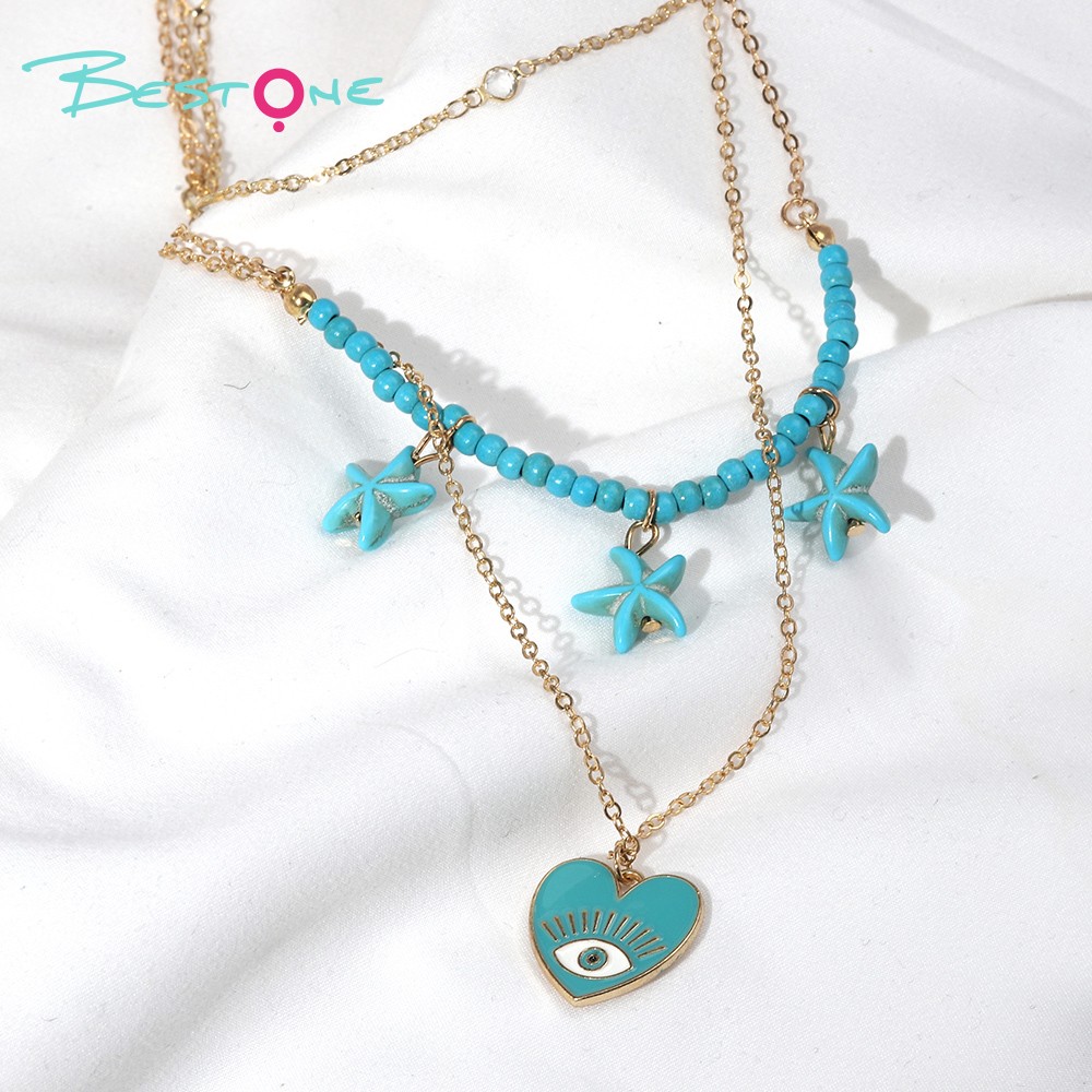 Beach Wind Love Style Necklace with Turquoise and White Beads, Starfish, and Heart Charm