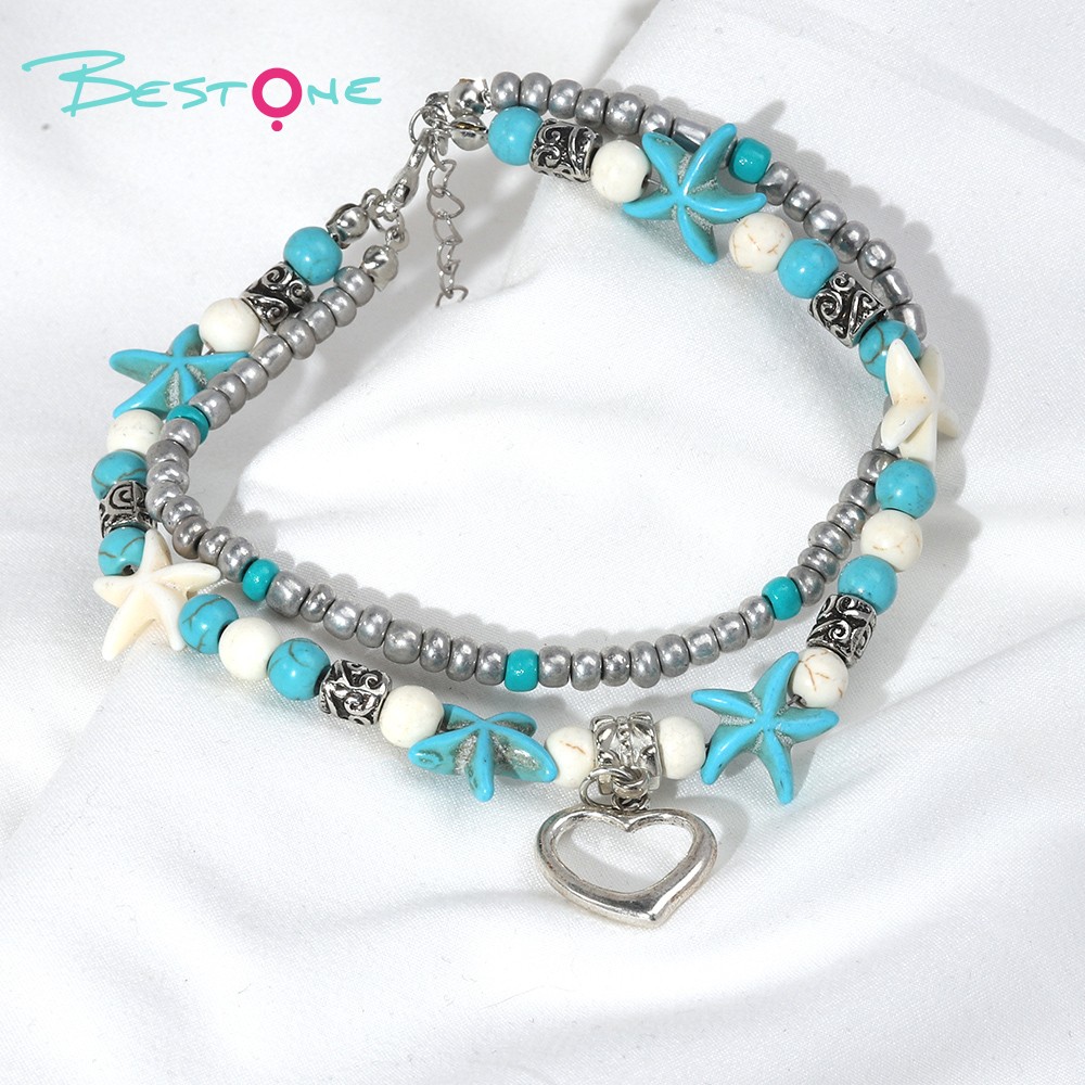 Beach Wind Love Style Necklace with Turquoise and White Beads, Starfish, and Heart Charm