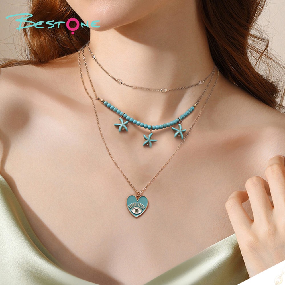 Beach Wind Love Style Necklace with Turquoise and White Beads, Starfish, and Heart Charm